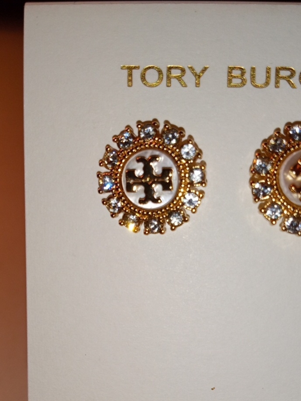 Tory Burch Gold Crystal Logo Stud Earrings - Gold - Picture 2 of 4